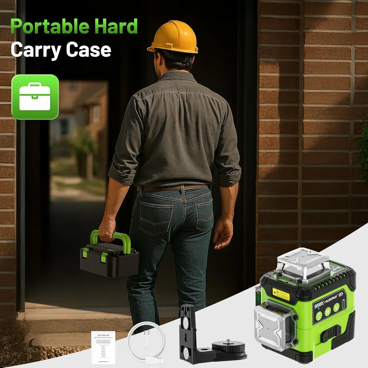 Huepar 3D Laser Level Self Leveling LCD Screen High Brightness Rechargeable Lazer Leveler with Magnetic Bracket Hard Carry Case