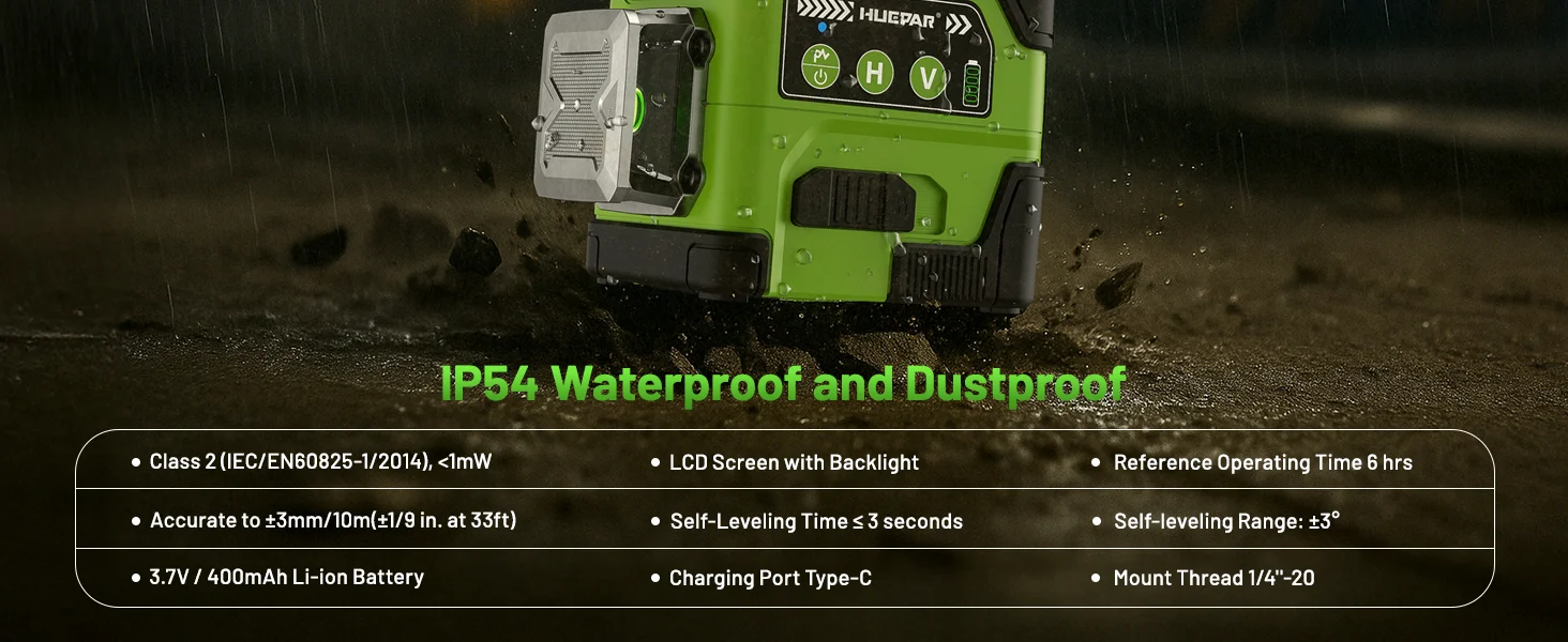 Huepar 3D Laser Level Self Leveling LCD Screen High Brightness Rechargeable Lazer Leveler with Magnetic Bracket Hard Carry Case