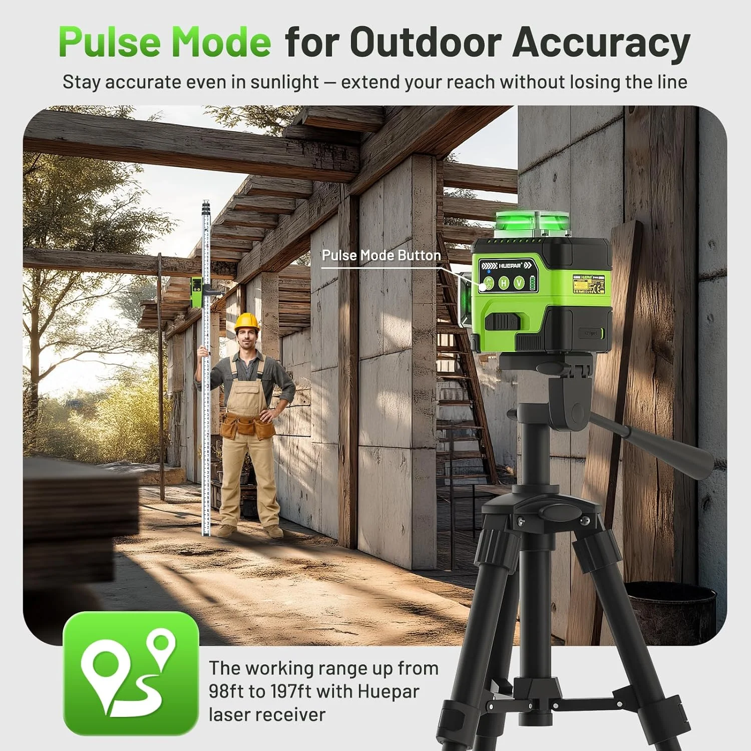 Huepar 3D Laser Level Self Leveling LCD Screen High Brightness Rechargeable Lazer Leveler with Magnetic Bracket Hard Carry Case