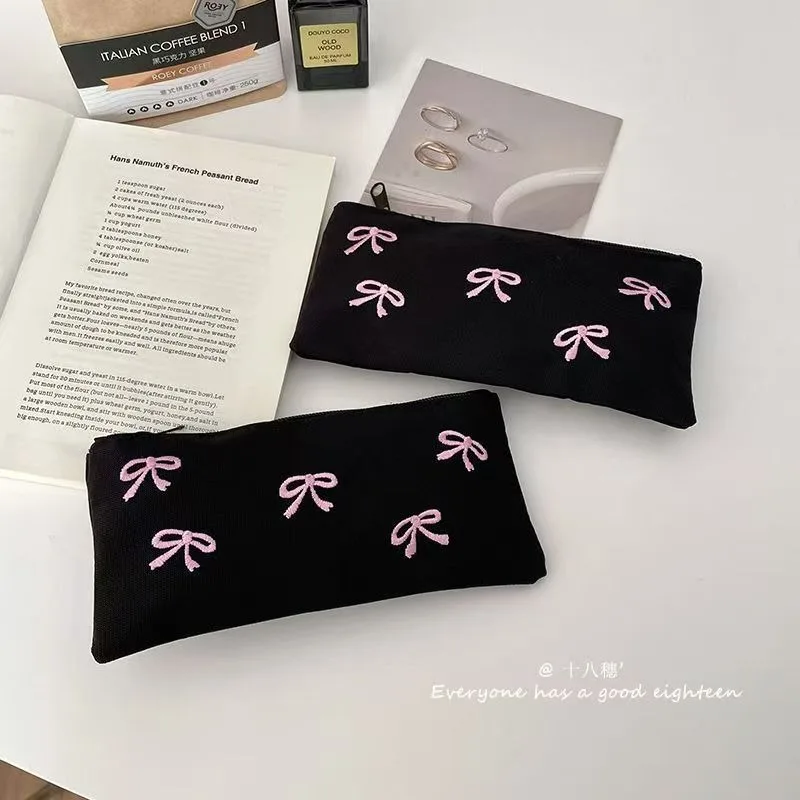 ins Japanese bow embroidery pencil bag high value girl student stationery makeup brush storage bag portable pencil bag