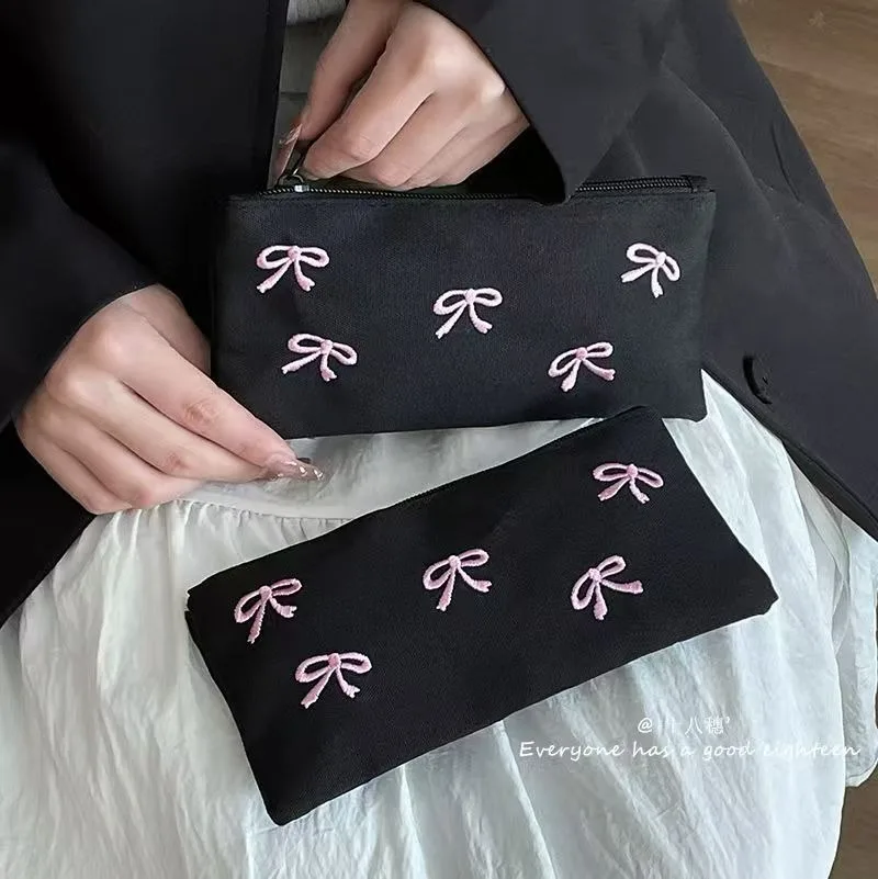 ins Japanese bow embroidery pencil bag high value girl student stationery makeup brush storage bag portable pencil bag