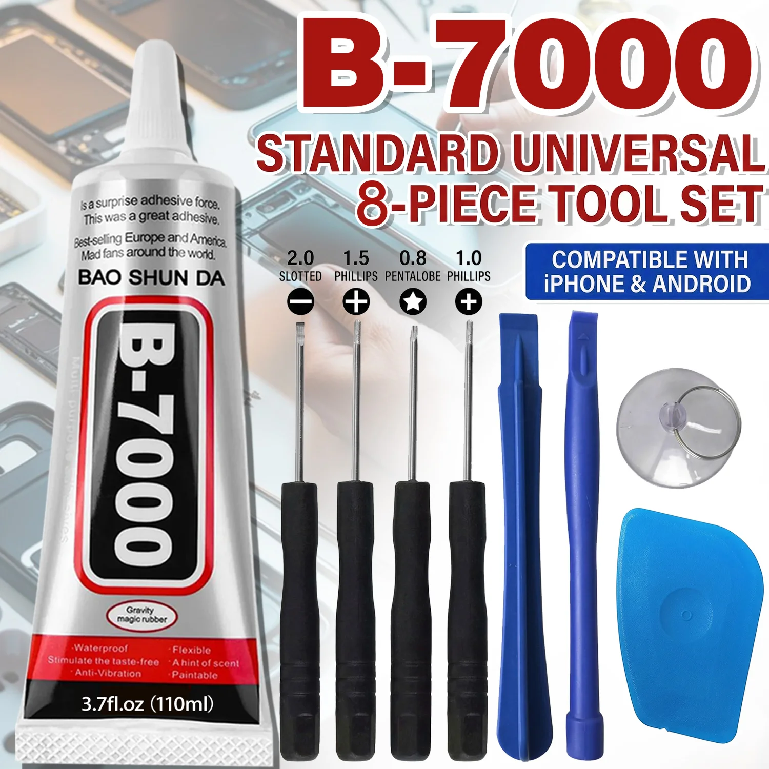 B7000 Mobile Phone Screen High-Strength Waterproof Adhesive With 9 in 1 Mobile Phone Repair Tools Disassemble Repair Set for Phone Screwdriver Combination Skid Multi Function Disassembly Kit .