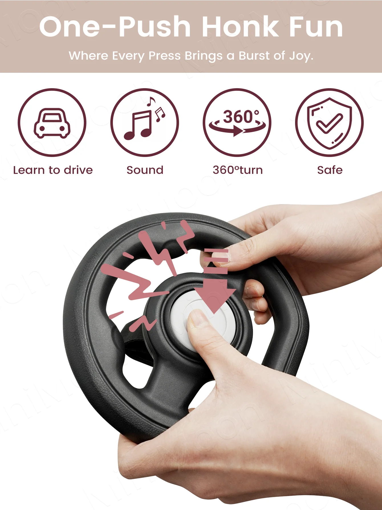 Stroller Steering Wheel with Honk Sound & 360° Rotation, Baby Travel Toy to Calm Fussy Riders