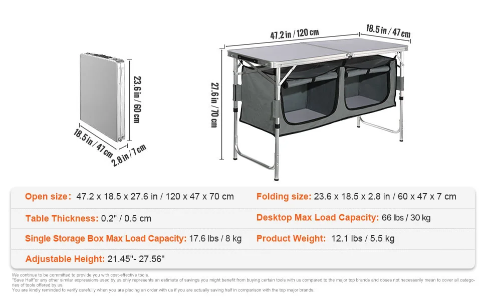 SucceBuyFolding Picnic Table Kitchen Camping Cupboards Aluminum Suitcase Table with Storage Bag Adjustable Height for Outdoor