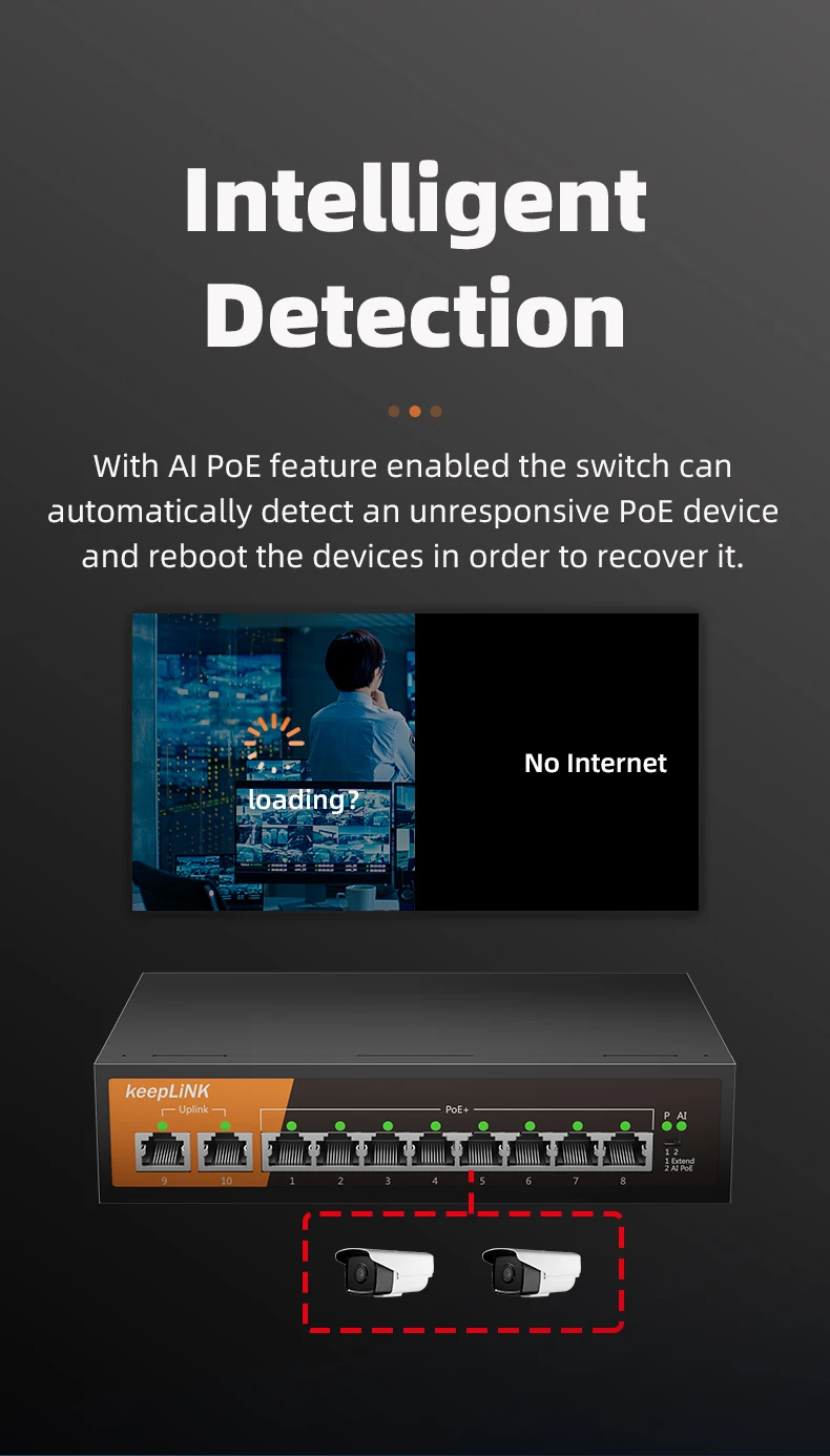 KeepLiNK 10-Port Gigabit Ethernet Switch with 8-PoE Ports and 2-RJ45 Copper Uplink Unmanaged Plug and Play