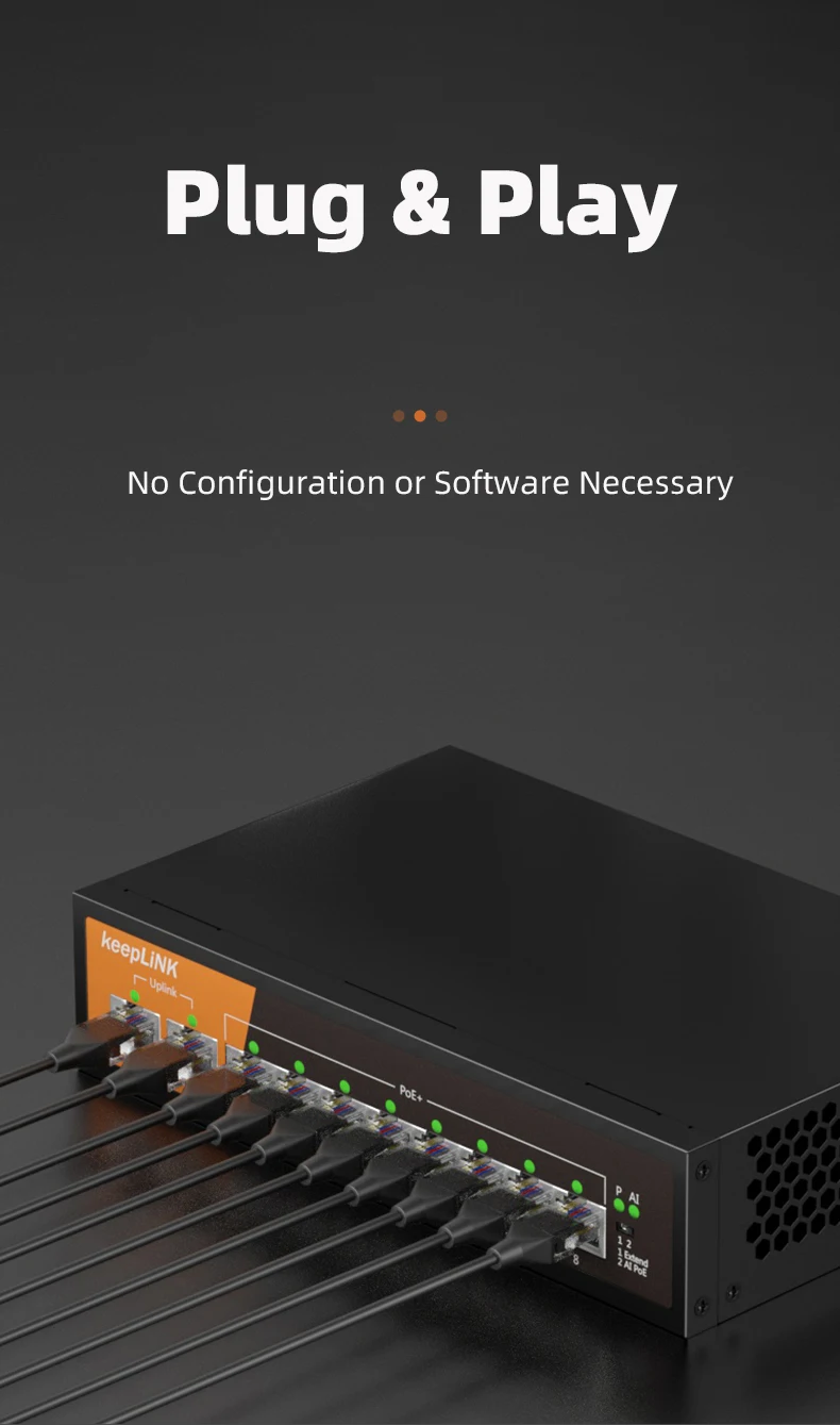 KeepLiNK 10-Port Gigabit Ethernet Switch with 8-PoE Ports and 2-RJ45 Copper Uplink Unmanaged Plug and Play