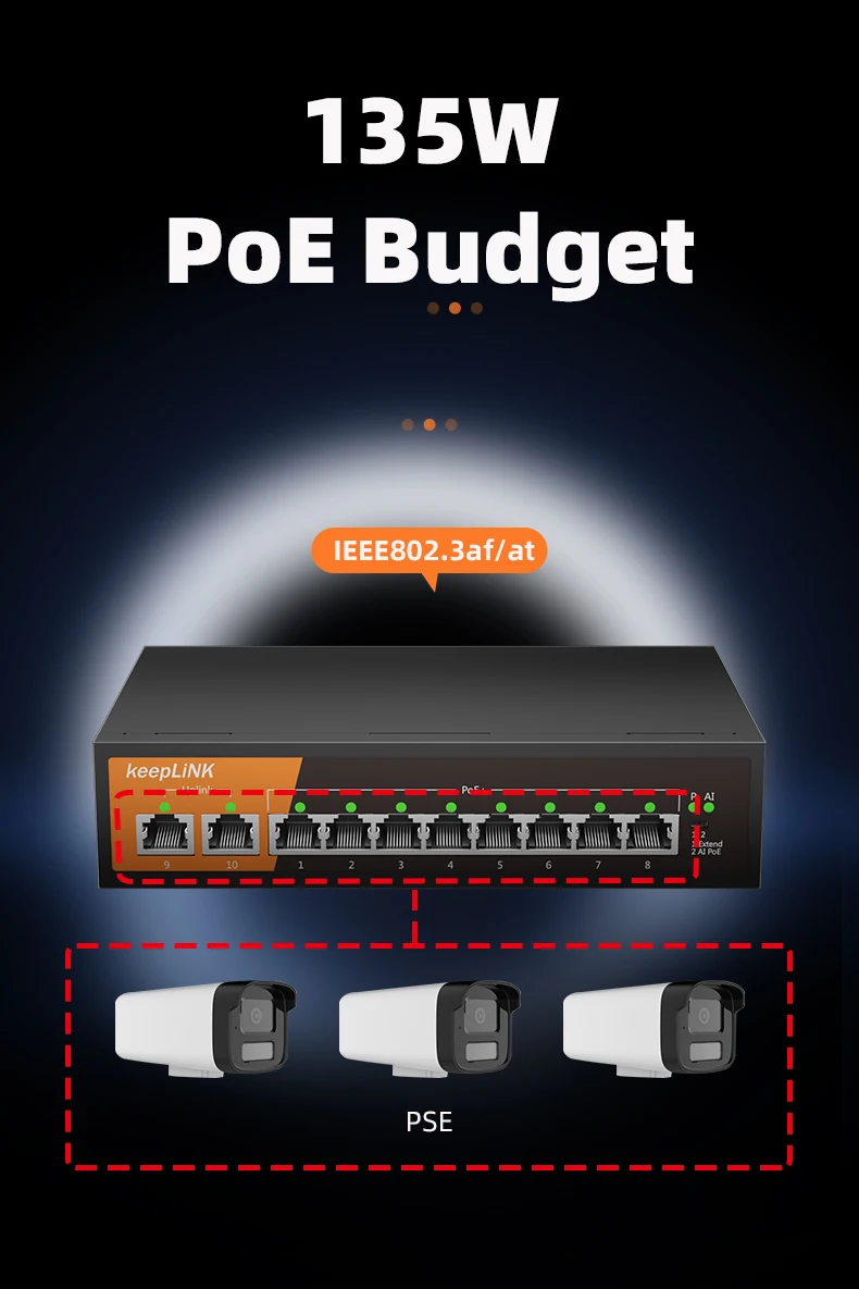 KeepLiNK 10-Port Gigabit Ethernet Switch with 8-PoE Ports and 2-RJ45 Copper Uplink Unmanaged Plug and Play