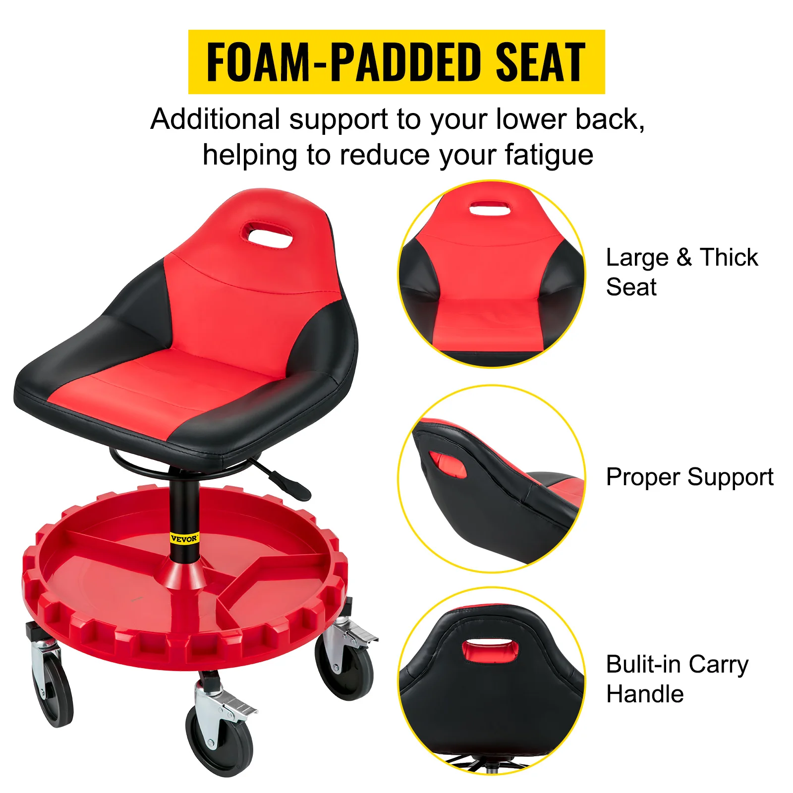 SucceBuy Rolling Garage Stool Car Detailing Stool Adjustable Height Mechanic Seat With Tool Tray Workshop Auto Repair Shop Stool
