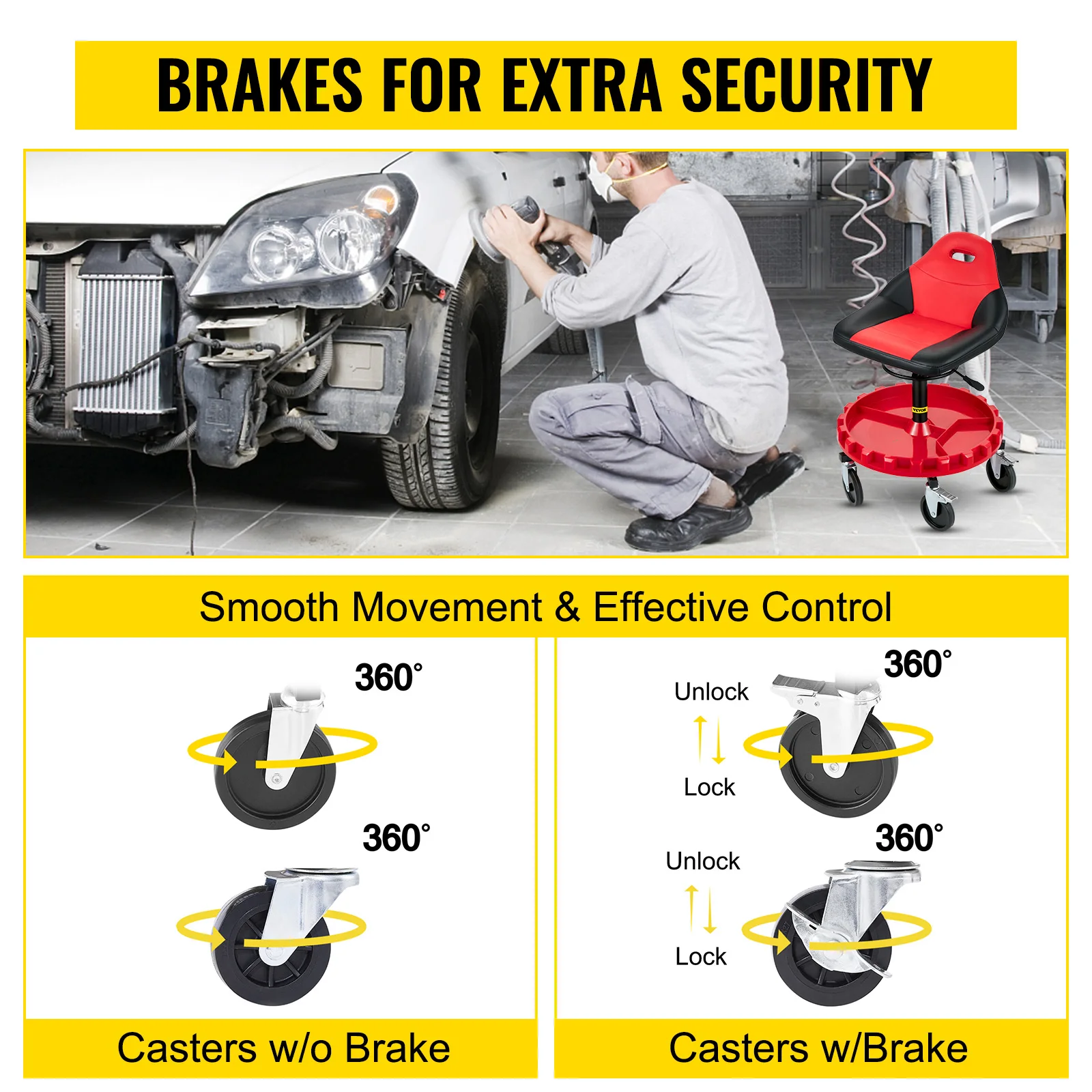 SucceBuy Rolling Garage Stool Car Detailing Stool Adjustable Height Mechanic Seat With Tool Tray Workshop Auto Repair Shop Stool