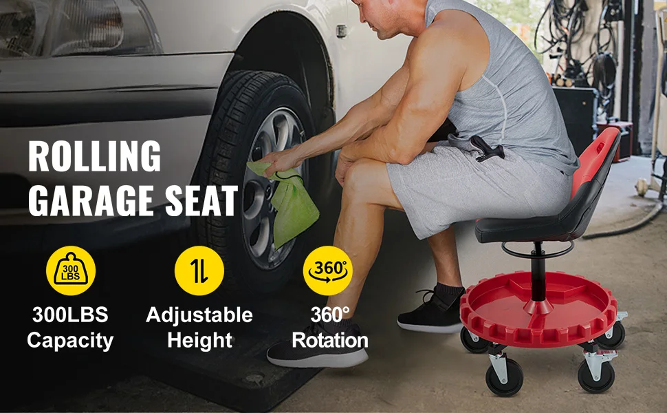 SucceBuy Rolling Garage Stool Car Detailing Stool Adjustable Height Mechanic Seat With Tool Tray Workshop Auto Repair Shop Stool