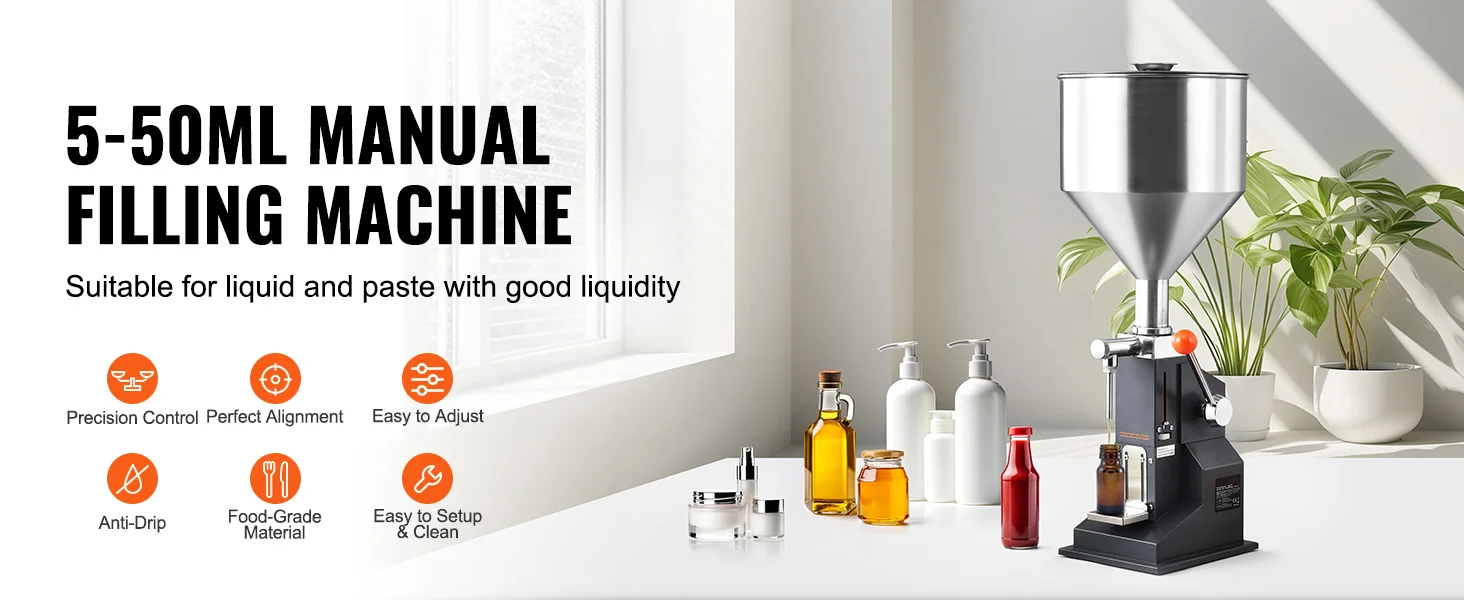 SucceBuy A03 5-50ml/5-100ml Manual Liquid Filling Machine Paste Bottle Filler Adjustable with Hopper for Water Shampoo Honey