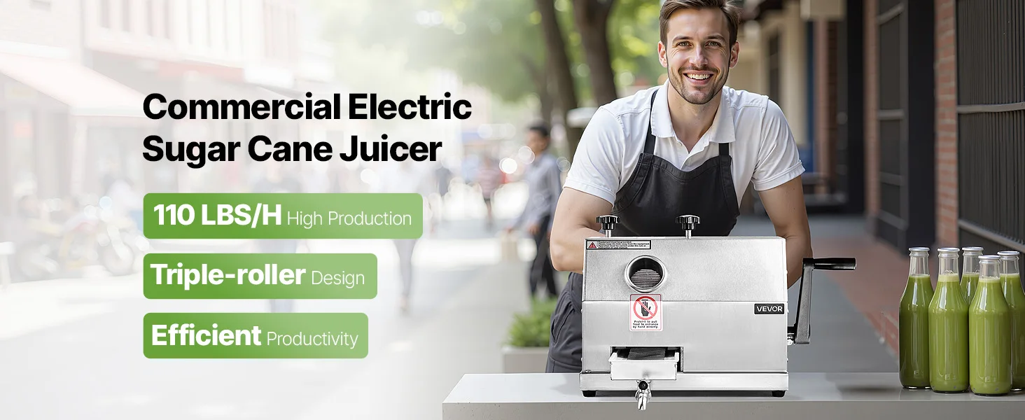 SucceBuy Commercial Sugar Cane Juicer 110LBS/H High Output Sugarcane Juicer Machine W/3 Stainless Steel Rollers 2.4" Large Inlet