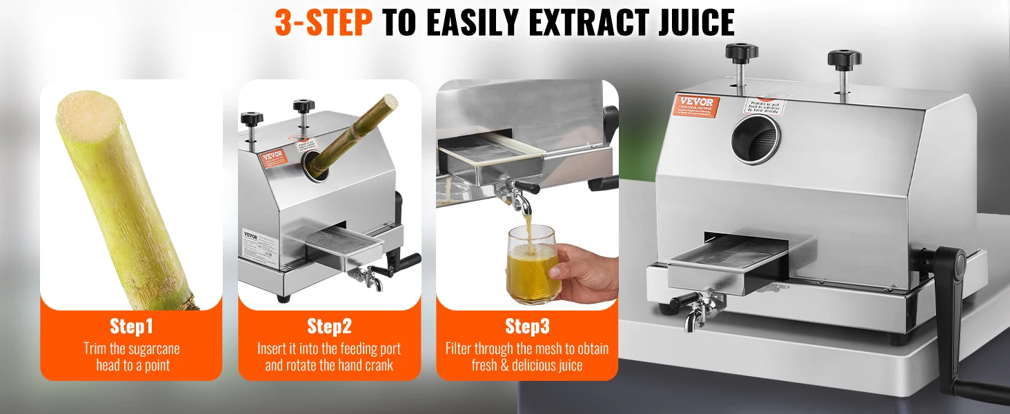 SucceBuy Commercial Sugar Cane Juicer 110LBS/H High Output Sugarcane Juicer Machine W/3 Stainless Steel Rollers 2.4" Large Inlet