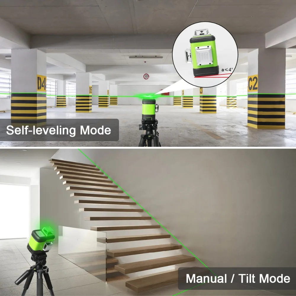 Huepar 3D Cross Line Self-Leveling Laser Level 3x360 Green Beam Three-Plane Leveling & Alignment Laser Tool & 2 Li-ion Battery