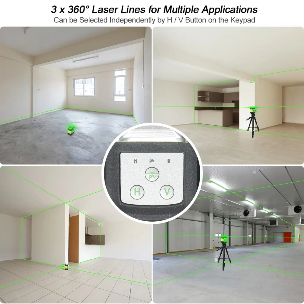 Huepar 3D Cross Line Self-Leveling Laser Level 3x360 Green Beam Three-Plane Leveling & Alignment Laser Tool & 2 Li-ion Battery