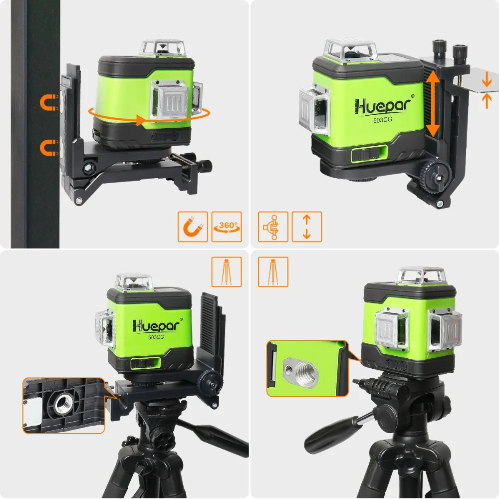 Huepar 3D Cross Line Self-Leveling Laser Level 3x360 Green Beam Three-Plane Leveling & Alignment Laser Tool & 2 Li-ion Battery