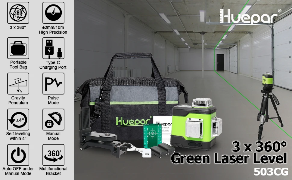 Huepar 3D Cross Line Self-Leveling Laser Level 3x360 Green Beam Three-Plane Leveling & Alignment Laser Tool & 2 Li-ion Battery