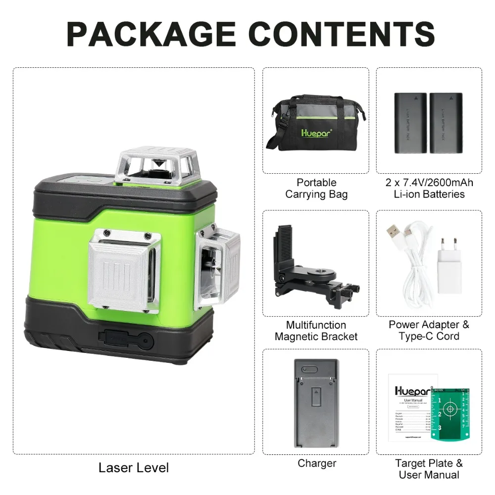 Huepar 3D Cross Line Self-Leveling Laser Level 3x360 Green Beam Three-Plane Leveling & Alignment Laser Tool & 2 Li-ion Battery