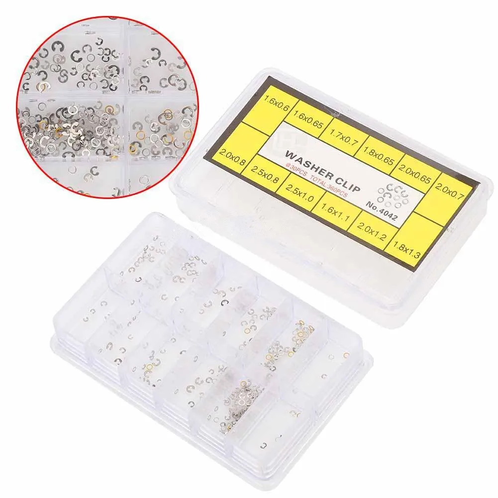 Assorted 12 Size Chronograph Clip Spacer Ring Watch Pusher Button Circlip 360Pcs/Box Metal Watch Washer Clip Replacement Parts