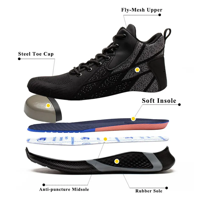 SUADEX Work Boots Safety Steel Toe Shoes Men Breathable Sneakers Shoes Ankle Hiking Boots Anti-Piercing Protective Footwear
