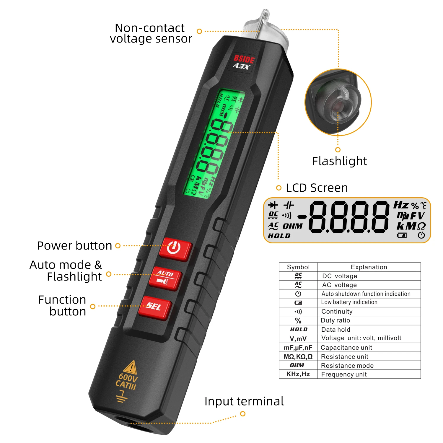 BSIDE Smart Digital Multimeter Pen Type Multitester True RMS Voltmeter DC AC Voltage Capacitance Ohm Hz Diode NCV Live tester