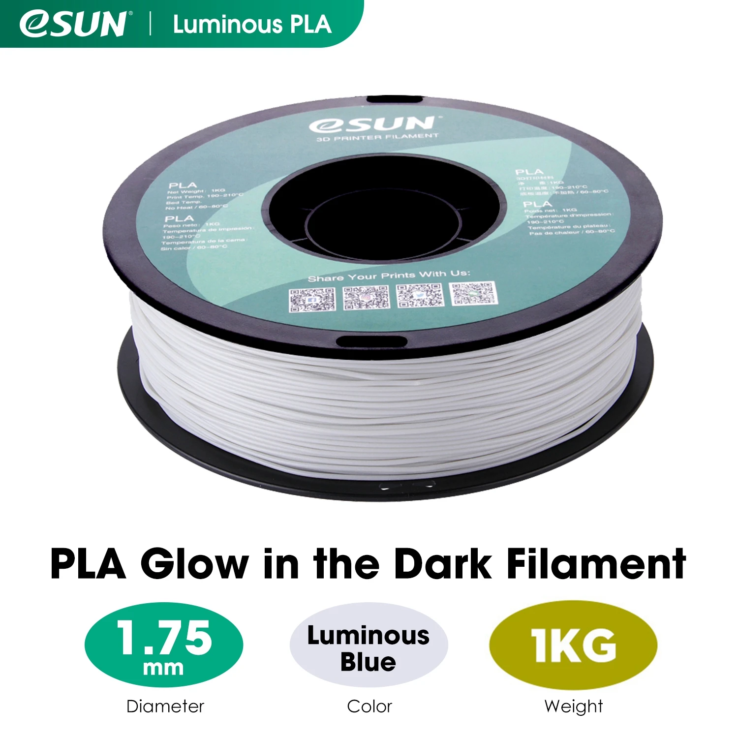 ESUN PLA Filament 1.75mm Glow in the Dark PLA 3D Printer Material 1KG Spool Luminous 3D Printing Filament for 3D Printer