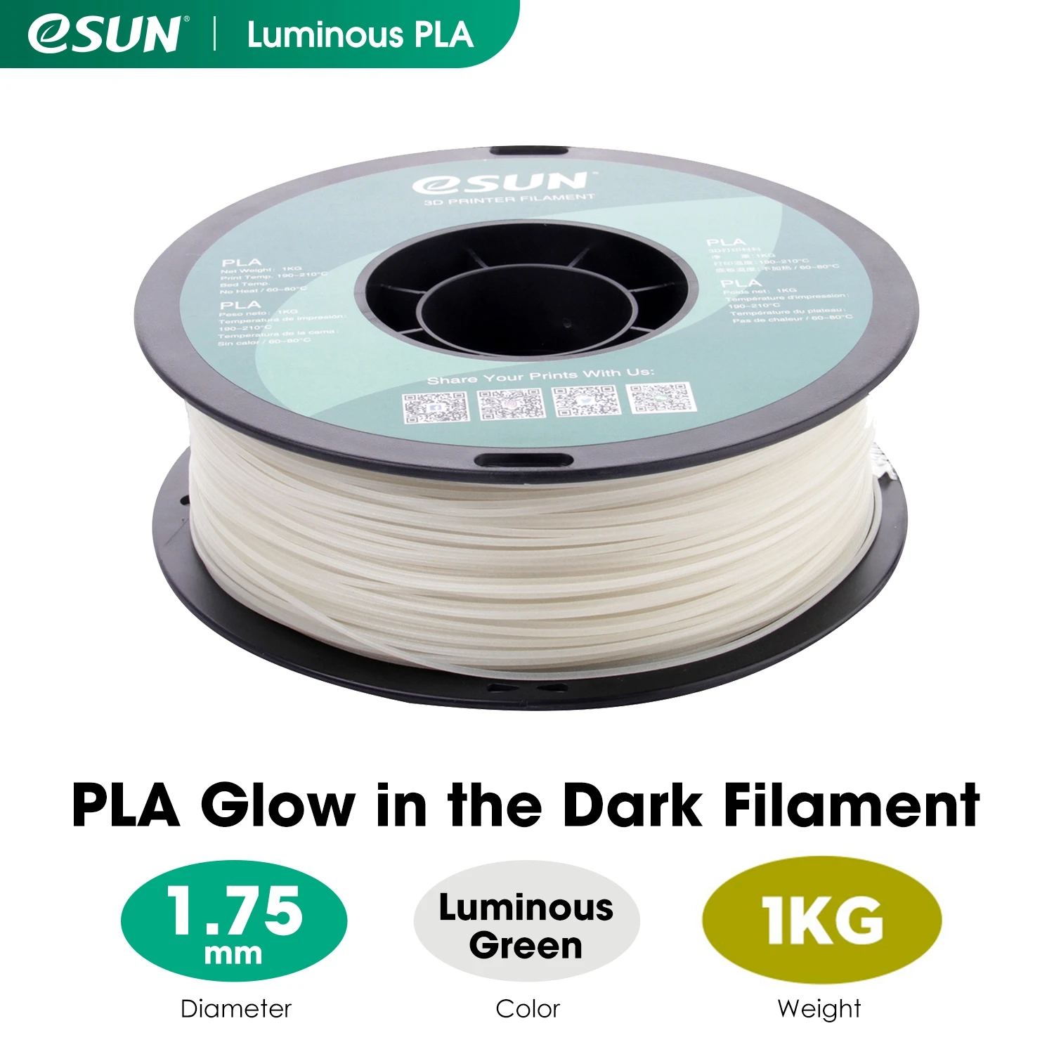 ESUN PLA Filament 1.75mm Glow in the Dark PLA 3D Printer Material 1KG Spool Luminous 3D Printing Filament for 3D Printer