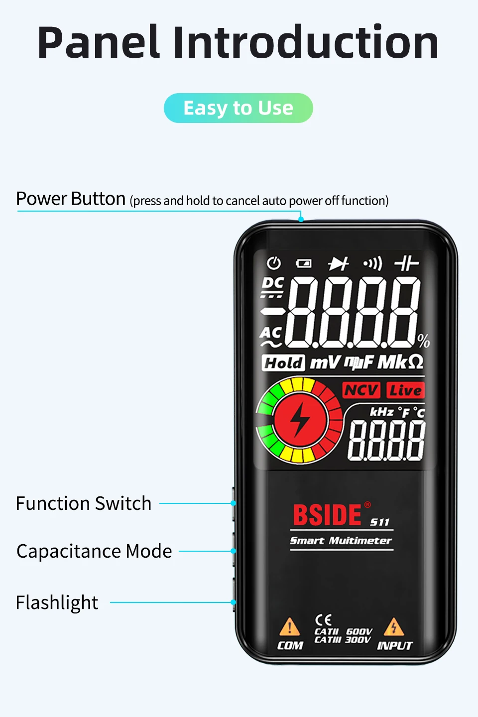 BSIDE S10 / S11 Digital Smart Multimeter Color LCD Display 9999 Digital DC AC Voltage Capacitor Ohm Diode NCV Hz Tester DMM