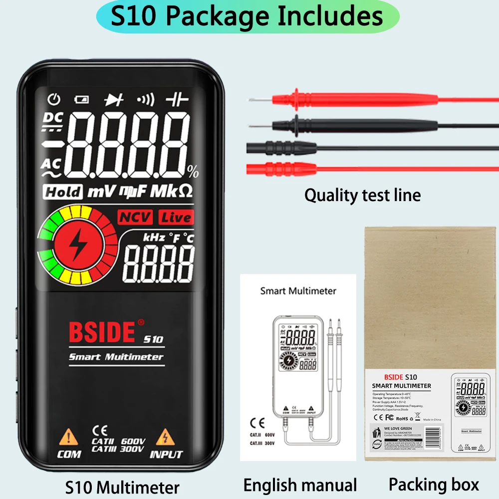 BSIDE S10 / S11 Digital Smart Multimeter Color LCD Display 9999 Digital DC AC Voltage Capacitor Ohm Diode NCV Hz Tester DMM