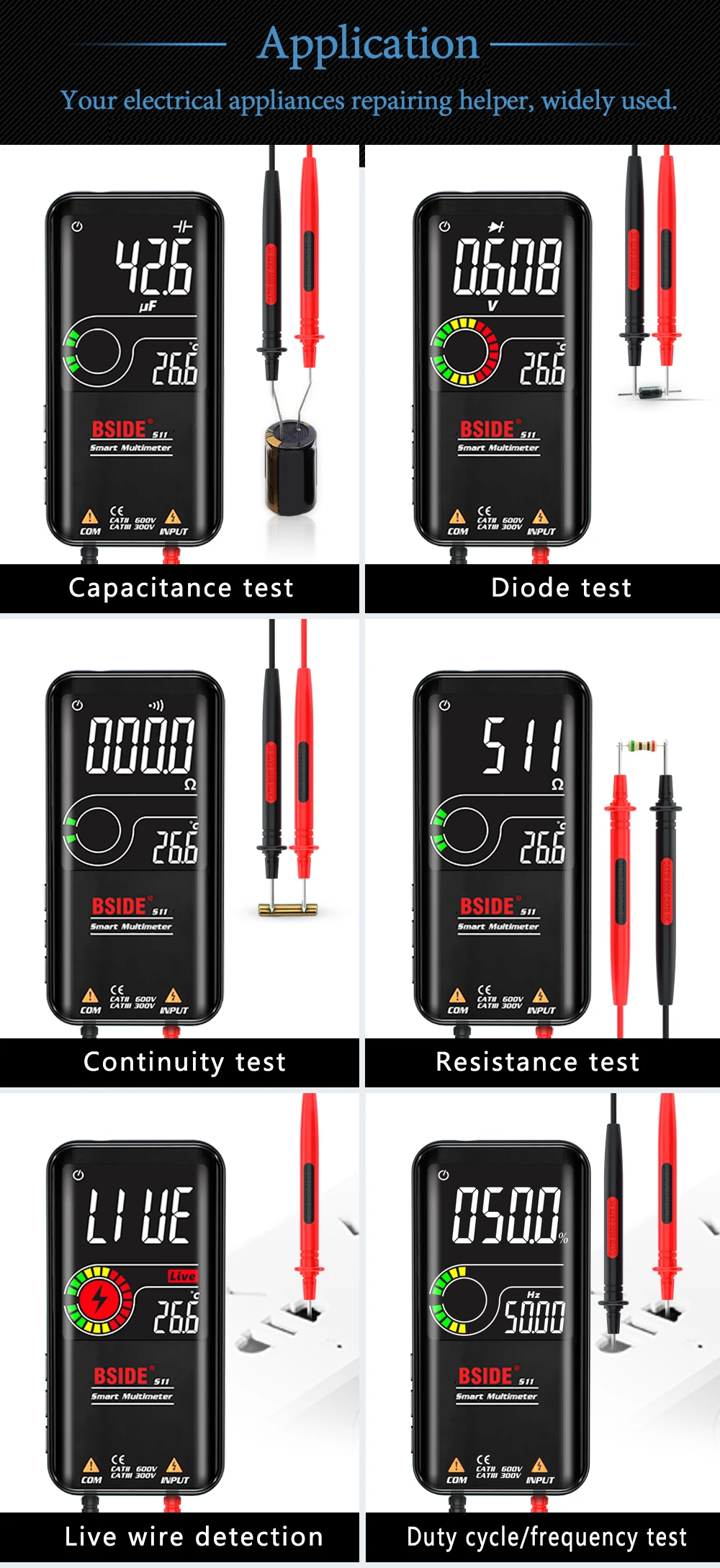 BSIDE S10 / S11 Digital Smart Multimeter Color LCD Display 9999 Digital DC AC Voltage Capacitor Ohm Diode NCV Hz Tester DMM