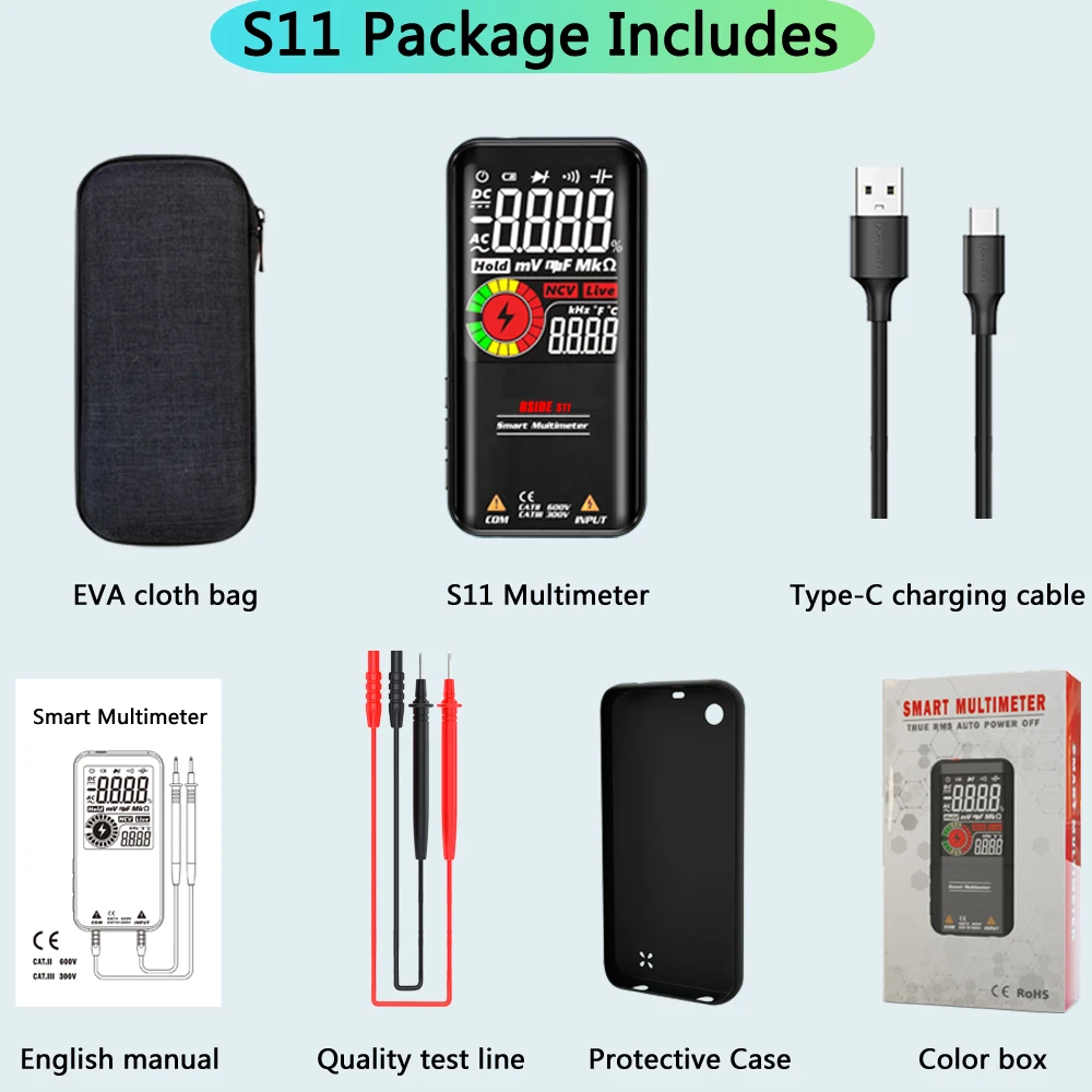 BSIDE S10 / S11 Digital Smart Multimeter Color LCD Display 9999 Digital DC AC Voltage Capacitor Ohm Diode NCV Hz Tester DMM