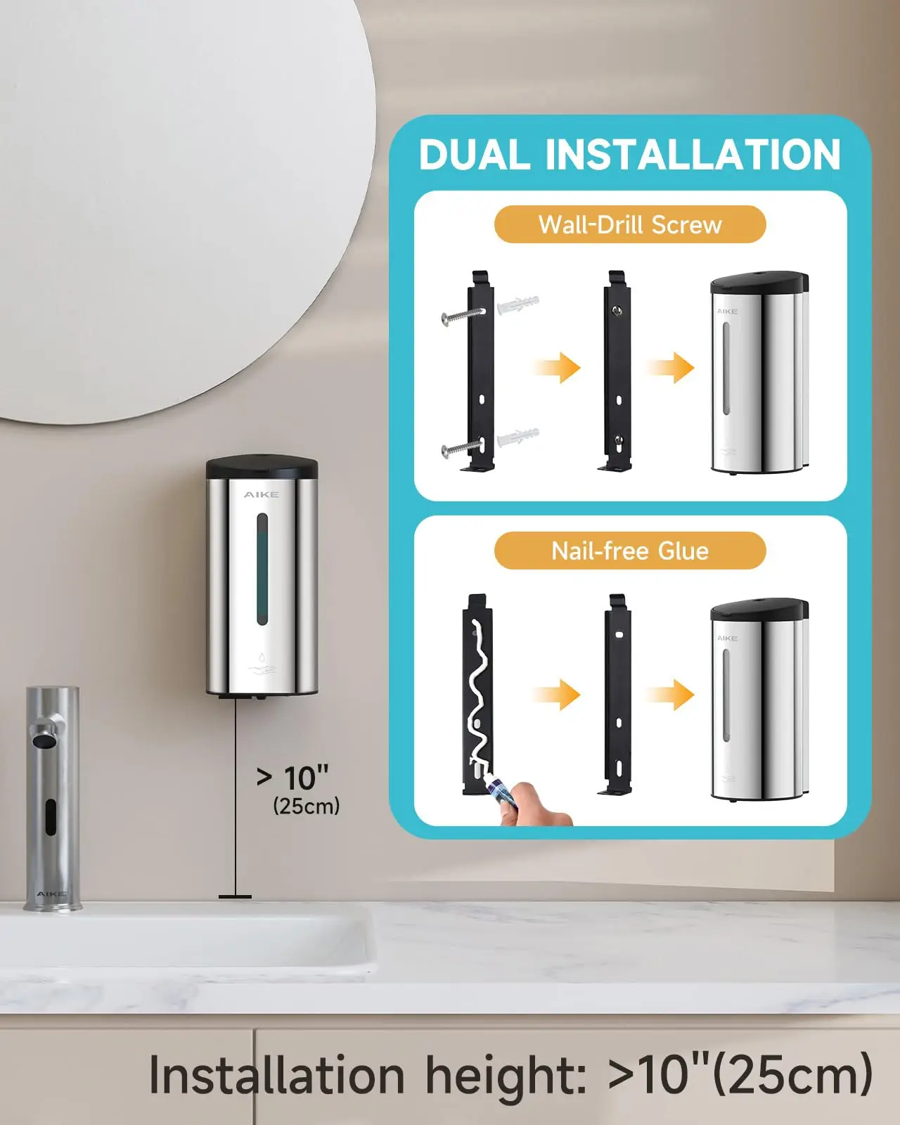 AIKE Automatic Liquid Soap Dispenser 750ml Sensor Bathroom Soap Dispenser Stainless Wall-mounted Steel Hand Sanitizer Dispenser