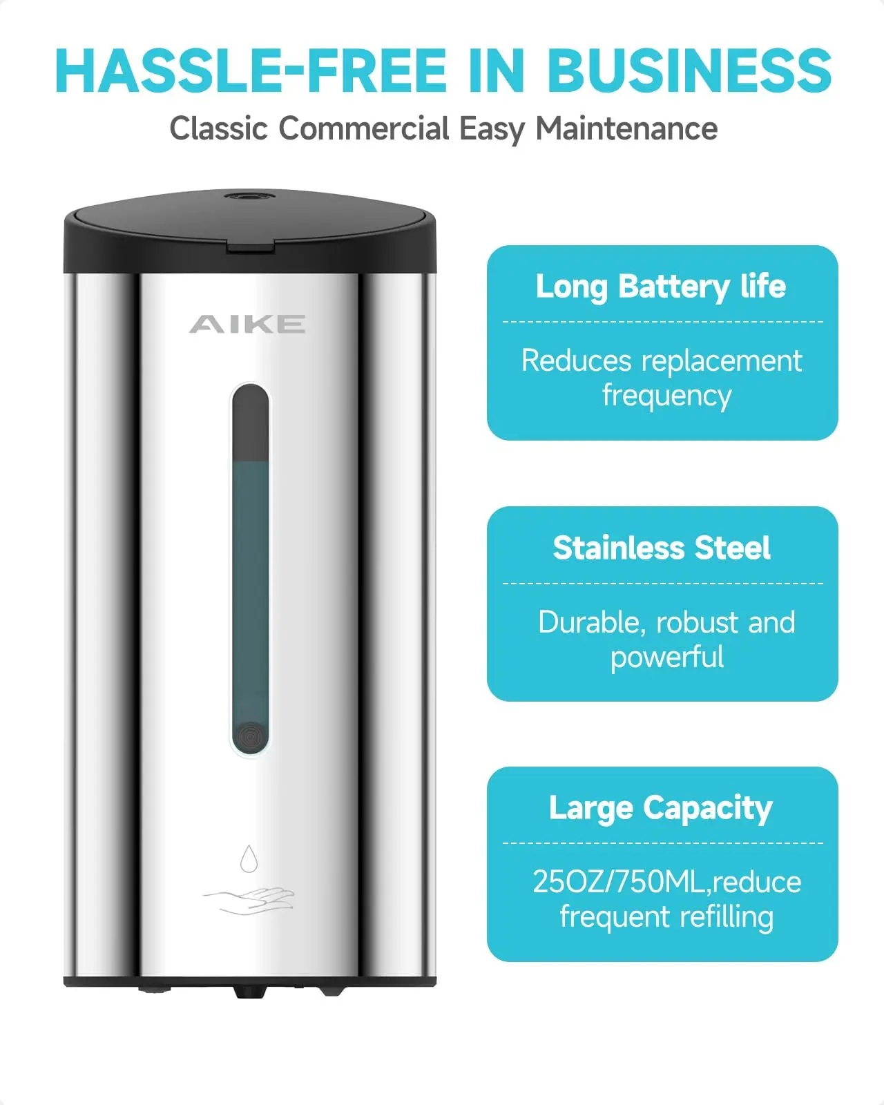 AIKE Automatic Liquid Soap Dispenser 750ml Sensor Bathroom Soap Dispenser Stainless Wall-mounted Steel Hand Sanitizer Dispenser