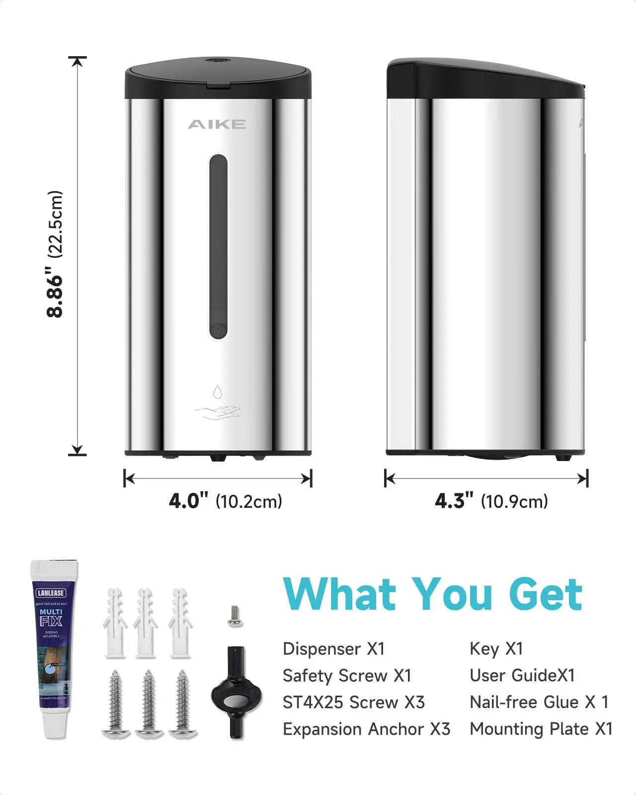 AIKE Automatic Liquid Soap Dispenser 750ml Sensor Bathroom Soap Dispenser Stainless Wall-mounted Steel Hand Sanitizer Dispenser