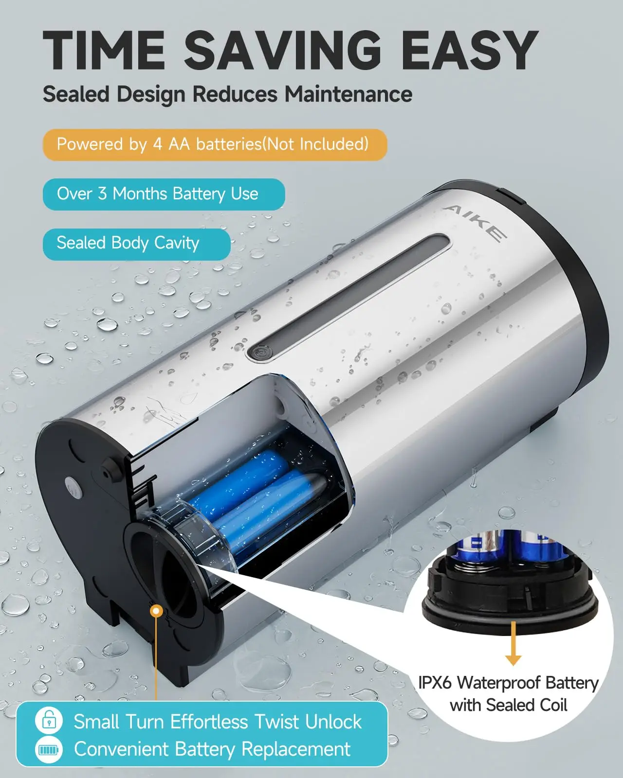 AIKE Automatic Liquid Soap Dispenser 750ml Sensor Bathroom Soap Dispenser Stainless Wall-mounted Steel Hand Sanitizer Dispenser
