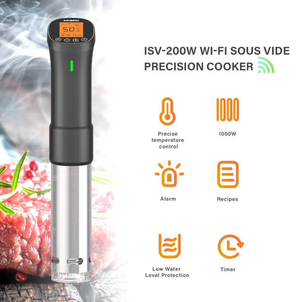 INKBIRD ISV-200W Wi-Fi 1000W Powerful&Durable Culinary Sous Vide with Stainless Steel Immersion Circulator LCD Screen Free APP
