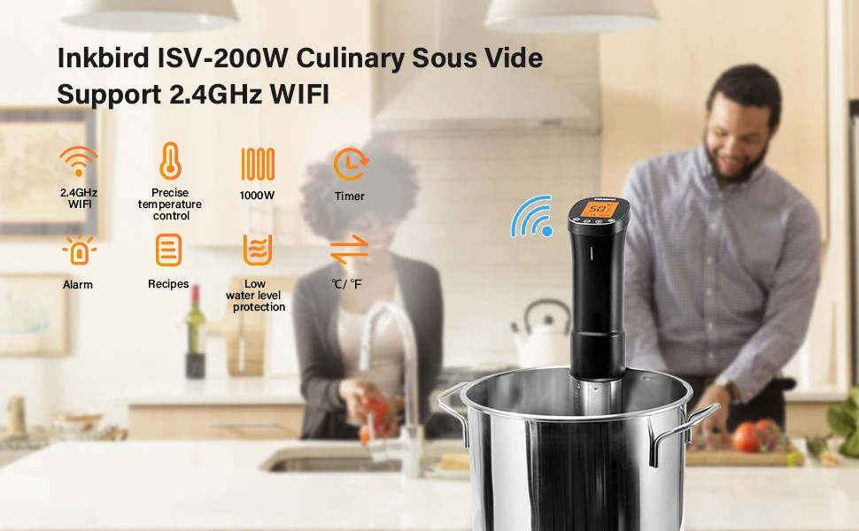 INKBIRD ISV-200W Wi-Fi 1000W Powerful&Durable Culinary Sous Vide with Stainless Steel Immersion Circulator LCD Screen Free APP