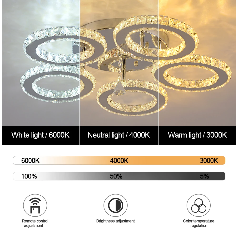 Modern K9 Led Crystal Ceiling Lamp Smart Chandelier Pendant Light Ring Chrome Plafonier Fixture Dining Living Room Decor Luxury