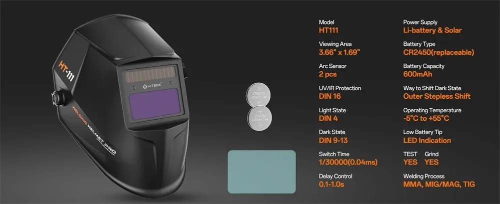HITBOX Large Viewing Screen Solar Powered Auto Darkening HT111 Welding Helmet PRO ARC Sensor Wide Shade Mask For TIG MIG Welder