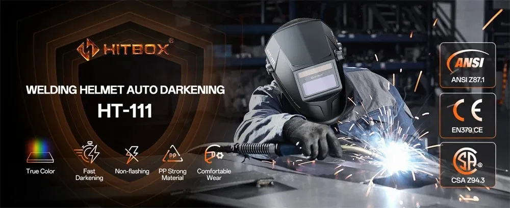 HITBOX Large Viewing Screen Solar Powered Auto Darkening HT111 Welding Helmet PRO ARC Sensor Wide Shade Mask For TIG MIG Welder