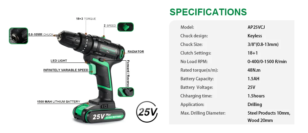 25V 21V Wireless Hand Electric Drill Impact Cordless Lithium Battery Screwdriver For Decorating House Drilling Screws Power Tool