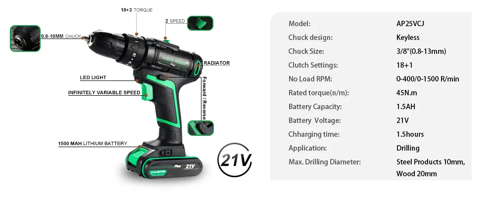 25V 21V Wireless Hand Electric Drill Impact Cordless Lithium Battery Screwdriver For Decorating House Drilling Screws Power Tool