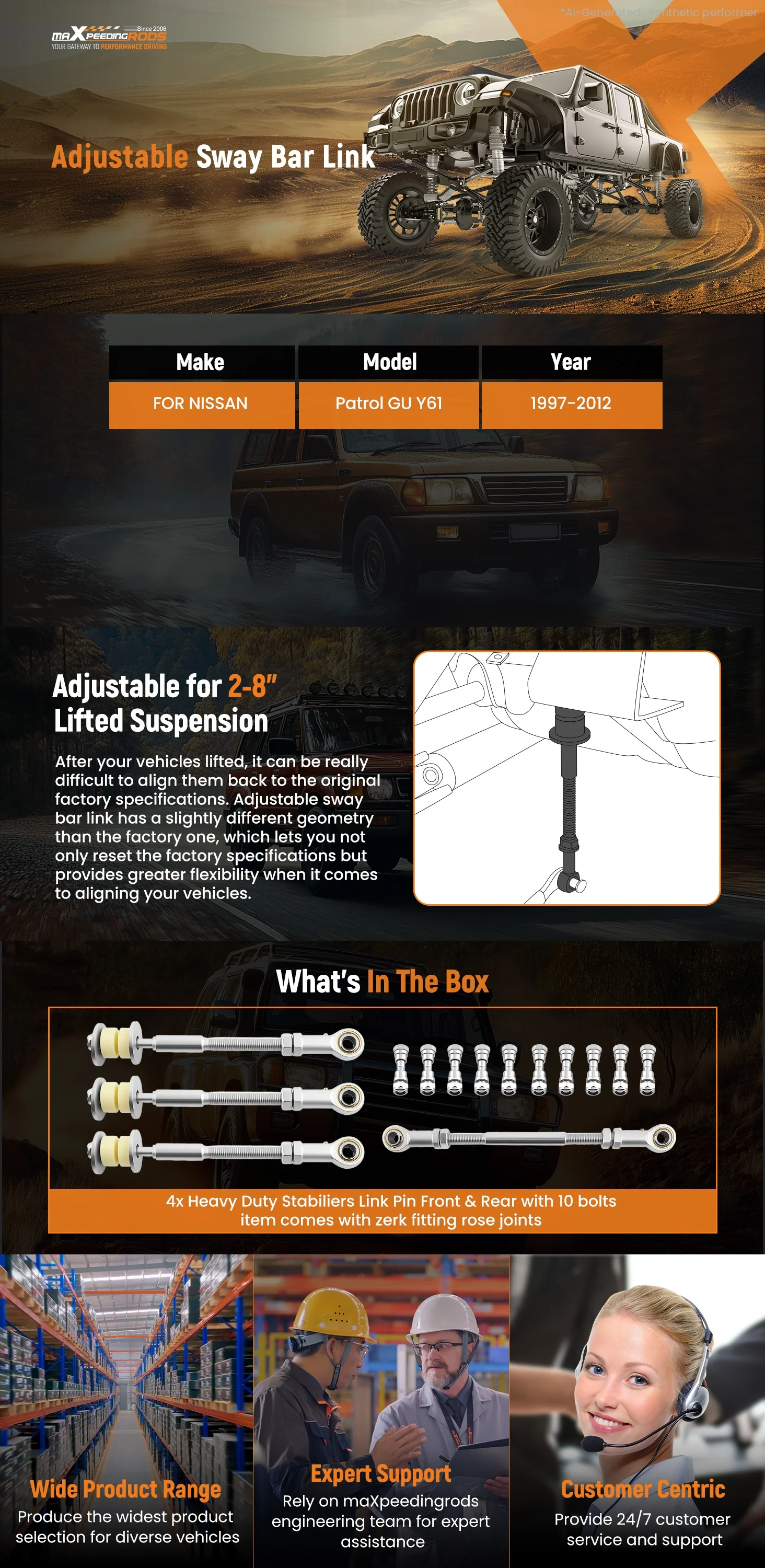 Front Rear Extended Adjustable Sway Bar Link Kit for Nissan Armada Gu Y61 1997-2016 Easy to Replace
