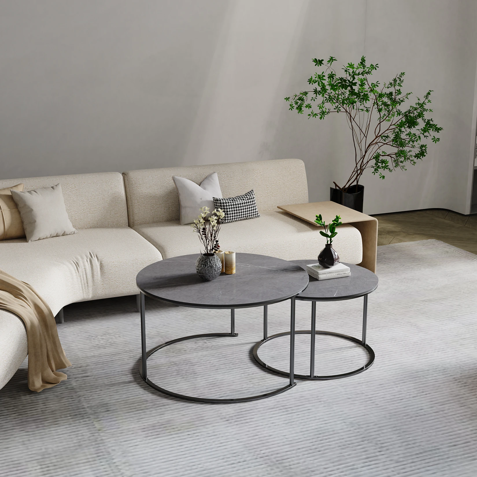 Modern Nesting Round Grey Marble Top Coffee Table Set Sintered Stone Table Metal Legs Home Furniture