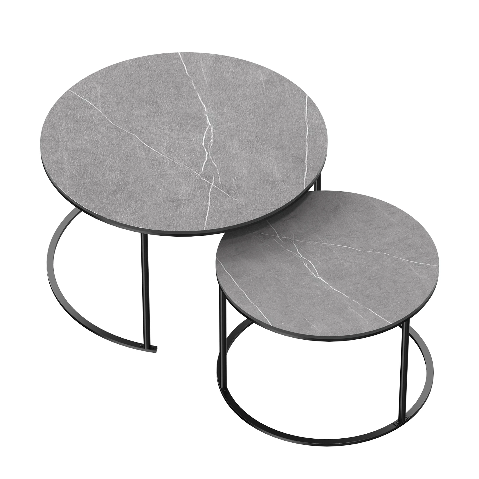 Modern Nesting Round Grey Marble Top Coffee Table Set Sintered Stone Table Metal Legs Home Furniture