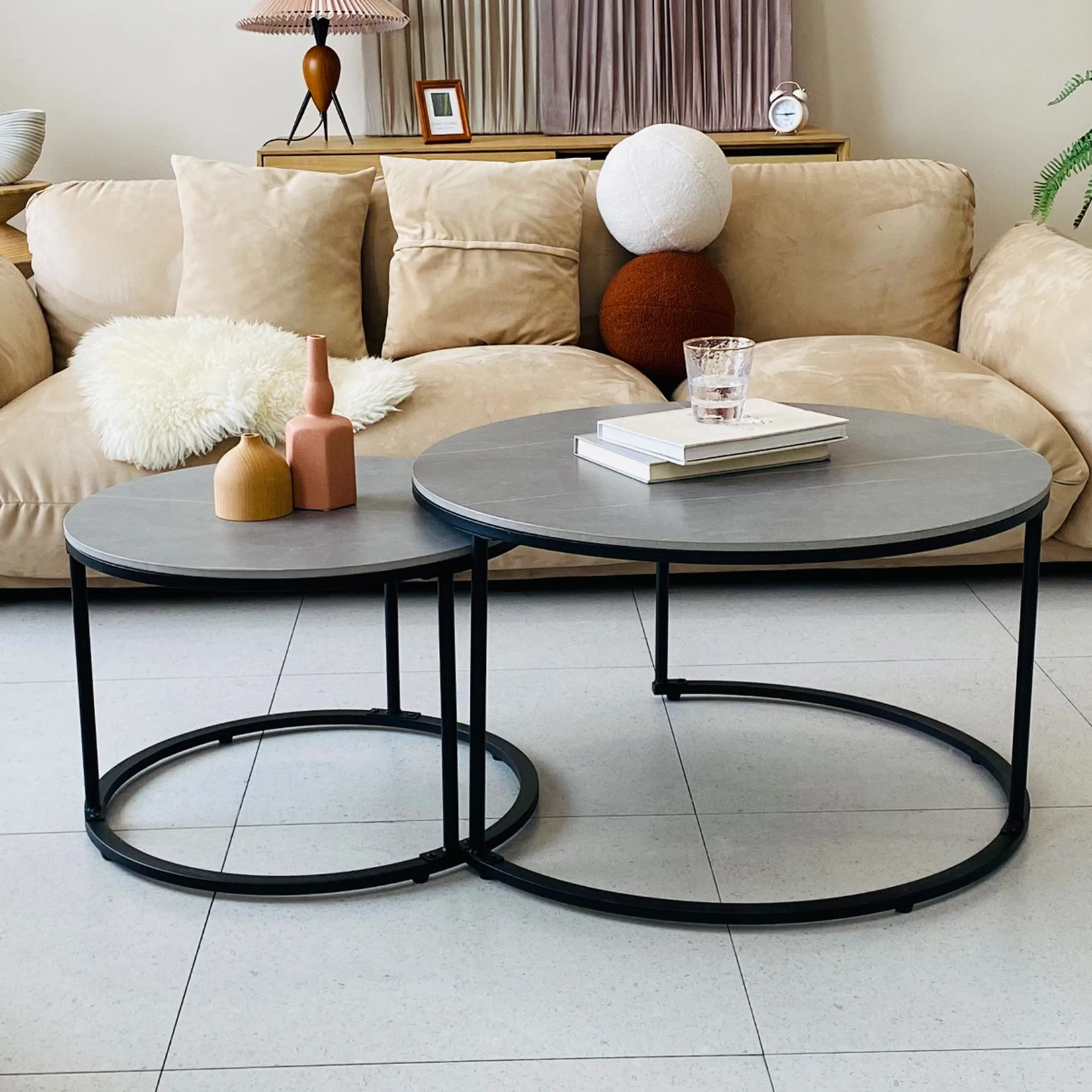 Modern Nesting Round Grey Marble Top Coffee Table Set Sintered Stone Table Metal Legs Home Furniture