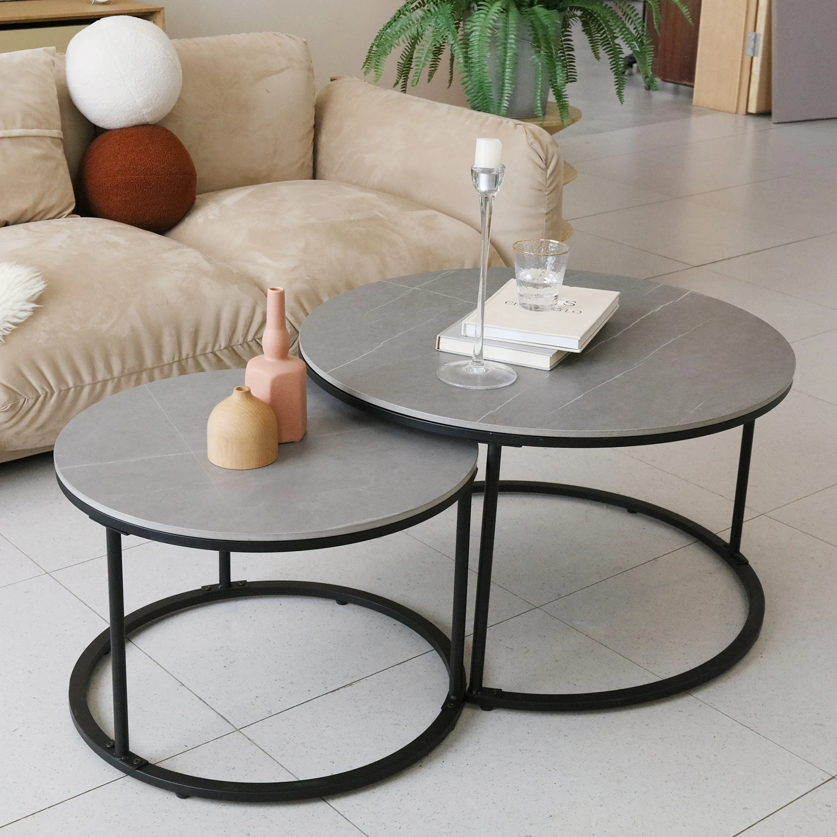 Modern Nesting Round Grey Marble Top Coffee Table Set Sintered Stone Table Metal Legs Home Furniture