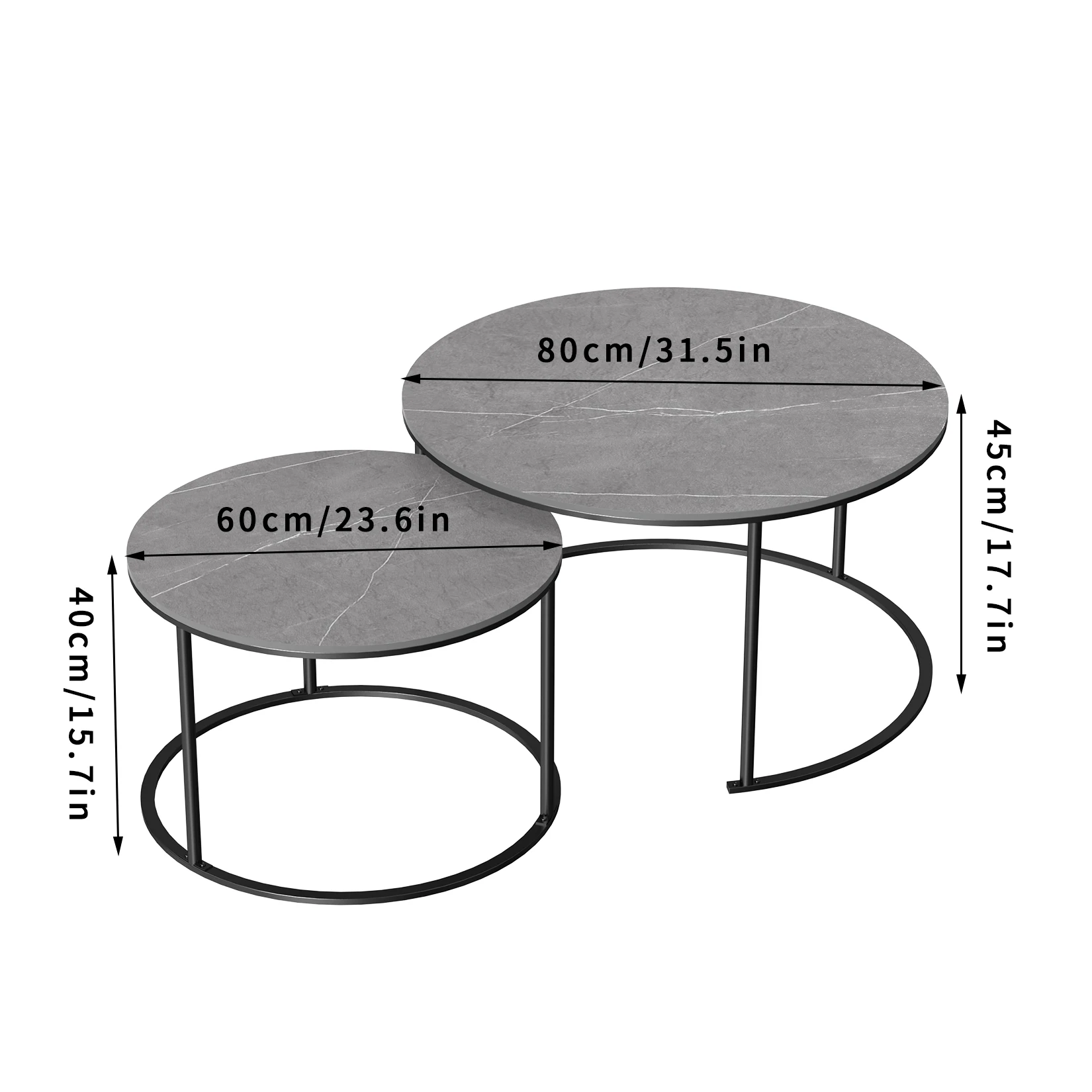 Modern Nesting Round Grey Marble Top Coffee Table Set Sintered Stone Table Metal Legs Home Furniture