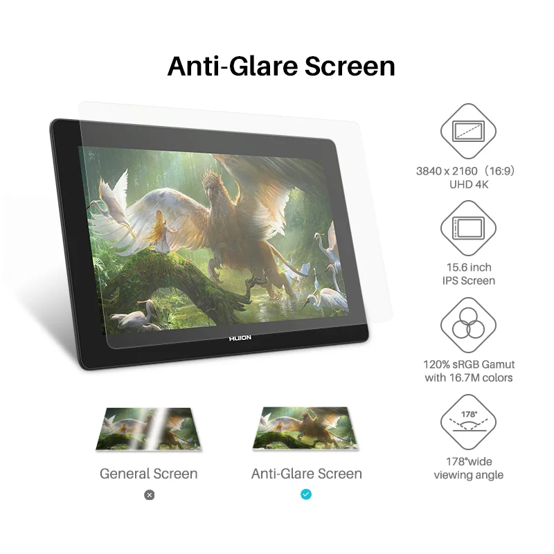 HUION Pen Display Monitor Kamvas Pro 16 4K UHD Screen AG Glass 120% sRGB Painting Graphic Pen Tablet for Drawing Android Support