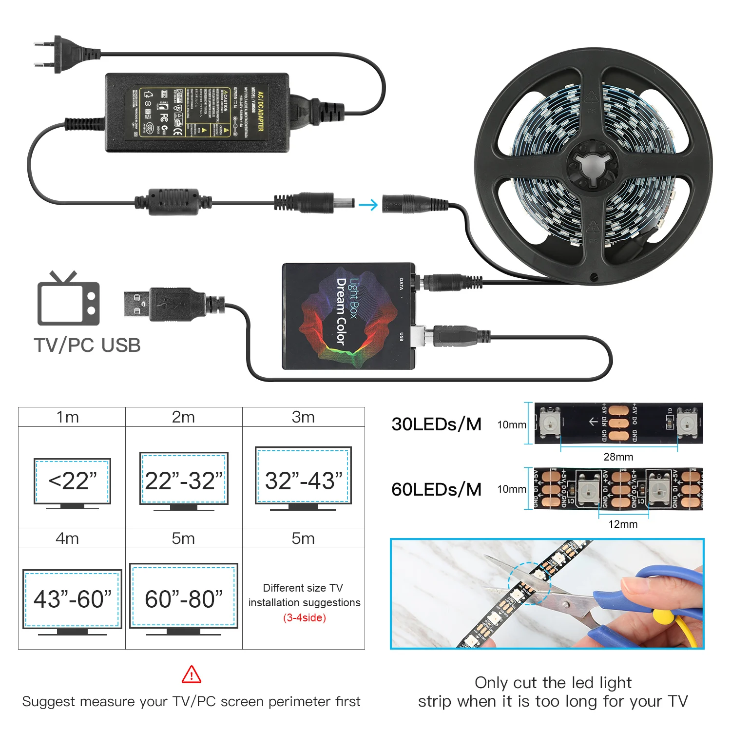Ambient Light USB LED Strip Light 5050 RGB Dream Color Ws2812b Strip For TV Desktop PC Screen Backlight Lighting 1M 2M 3M 4M 5M